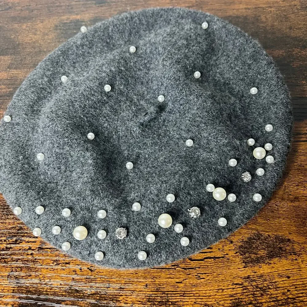 Marcus Adler New York Women's Beret Wool Blend Gray Beaded Pearls & Rhinestones